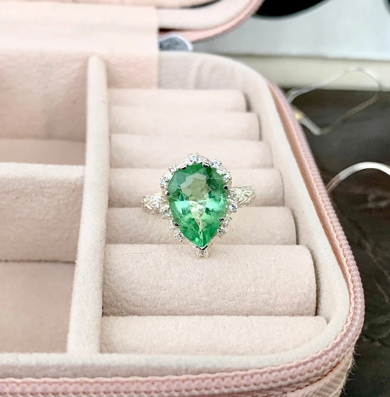 925 Pure Silver Olive Natural Green Quartz Ring - Adjustable Victorian Design