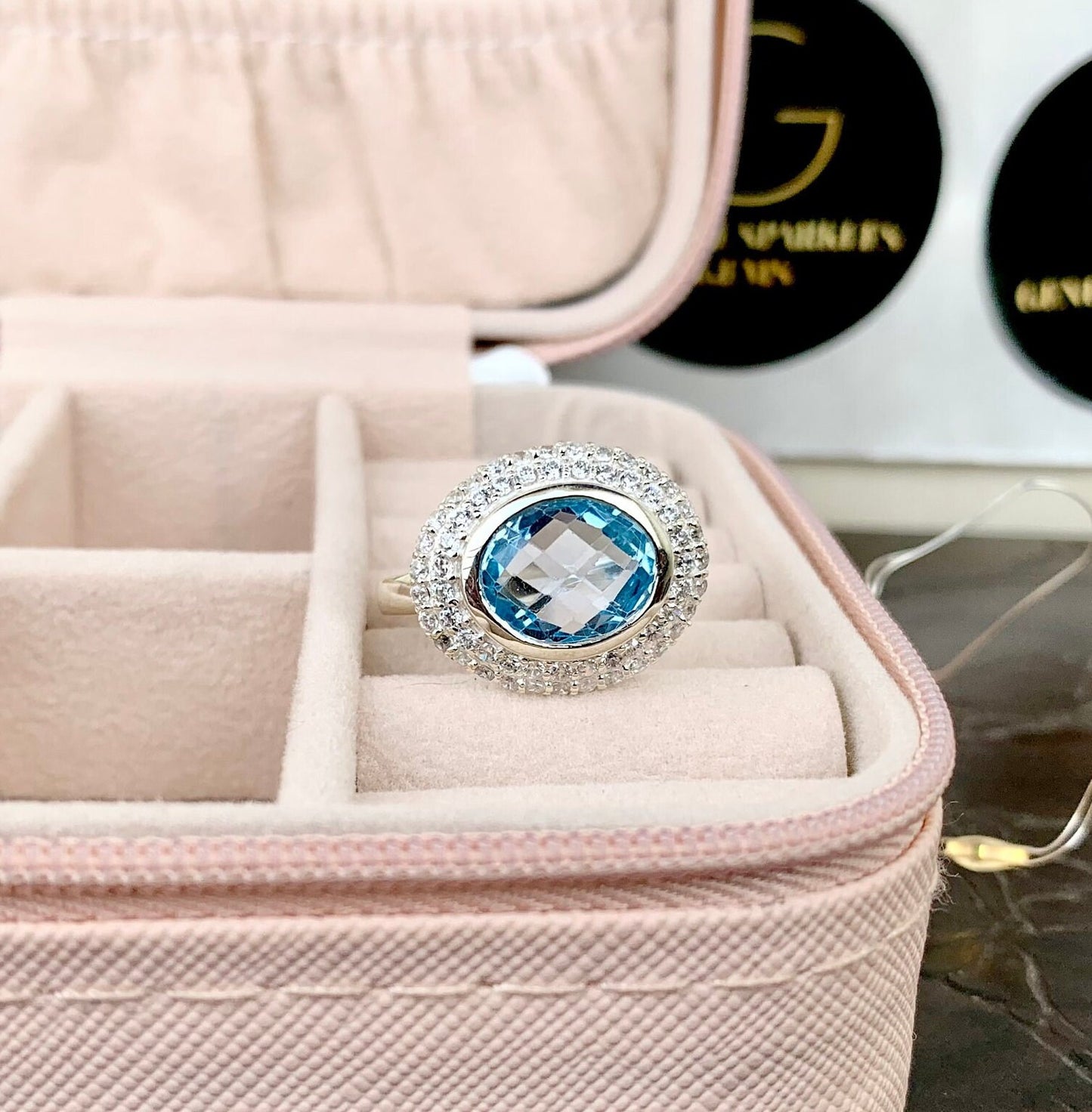 925 Pure Silver Swiss Natural Blue Topaz Checkerboard Cut Cocktail Ring