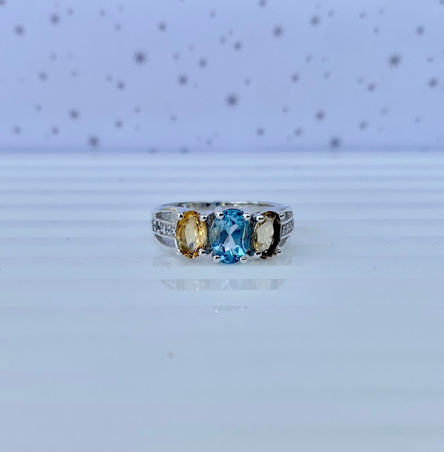 925 Pure Silver Multi-Gemstone Natural Blue Topaz, Citrine Ring