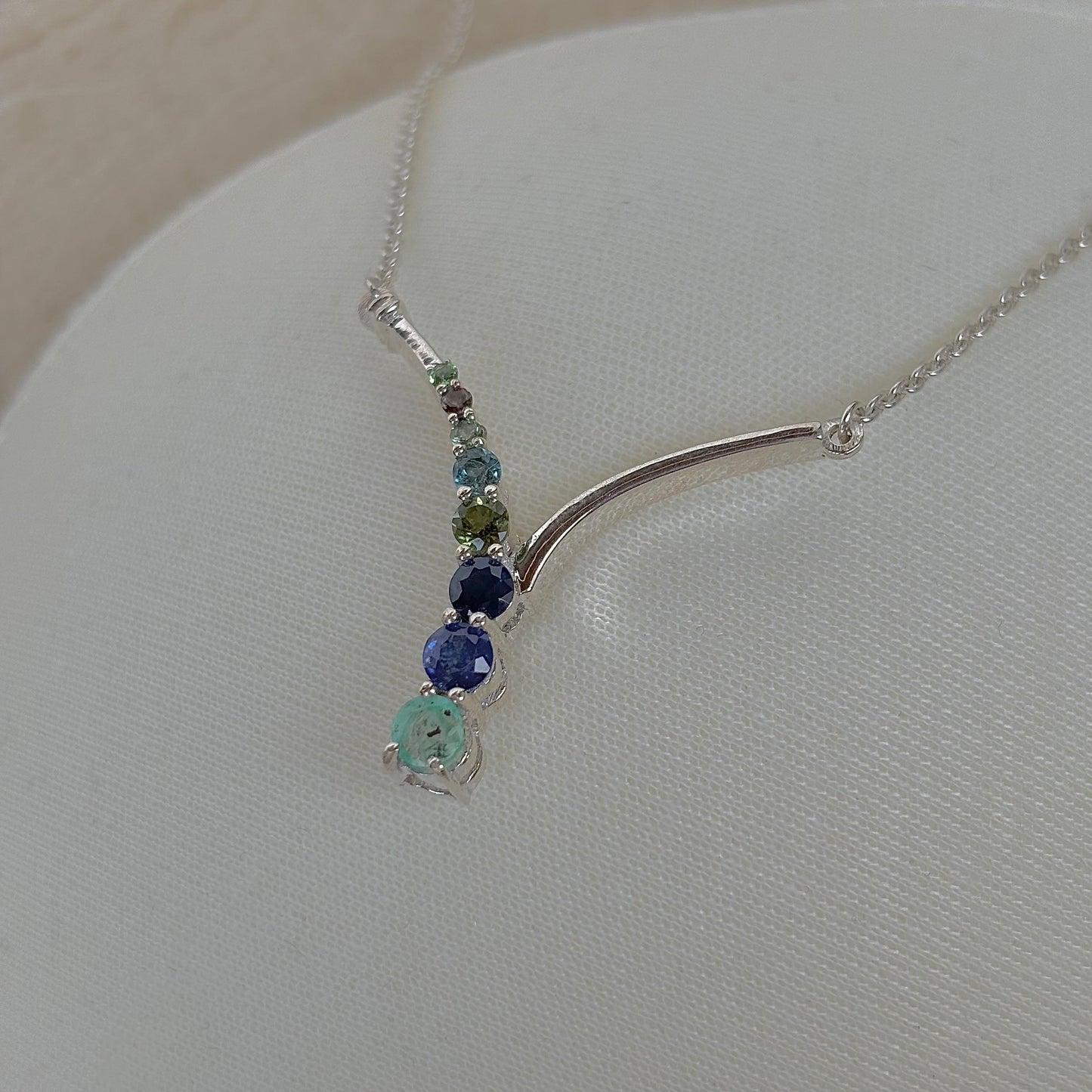 925 Pure Silver Natural Multi-Gemstone Necklace with Sapphire, Emerald, and Tourmaline