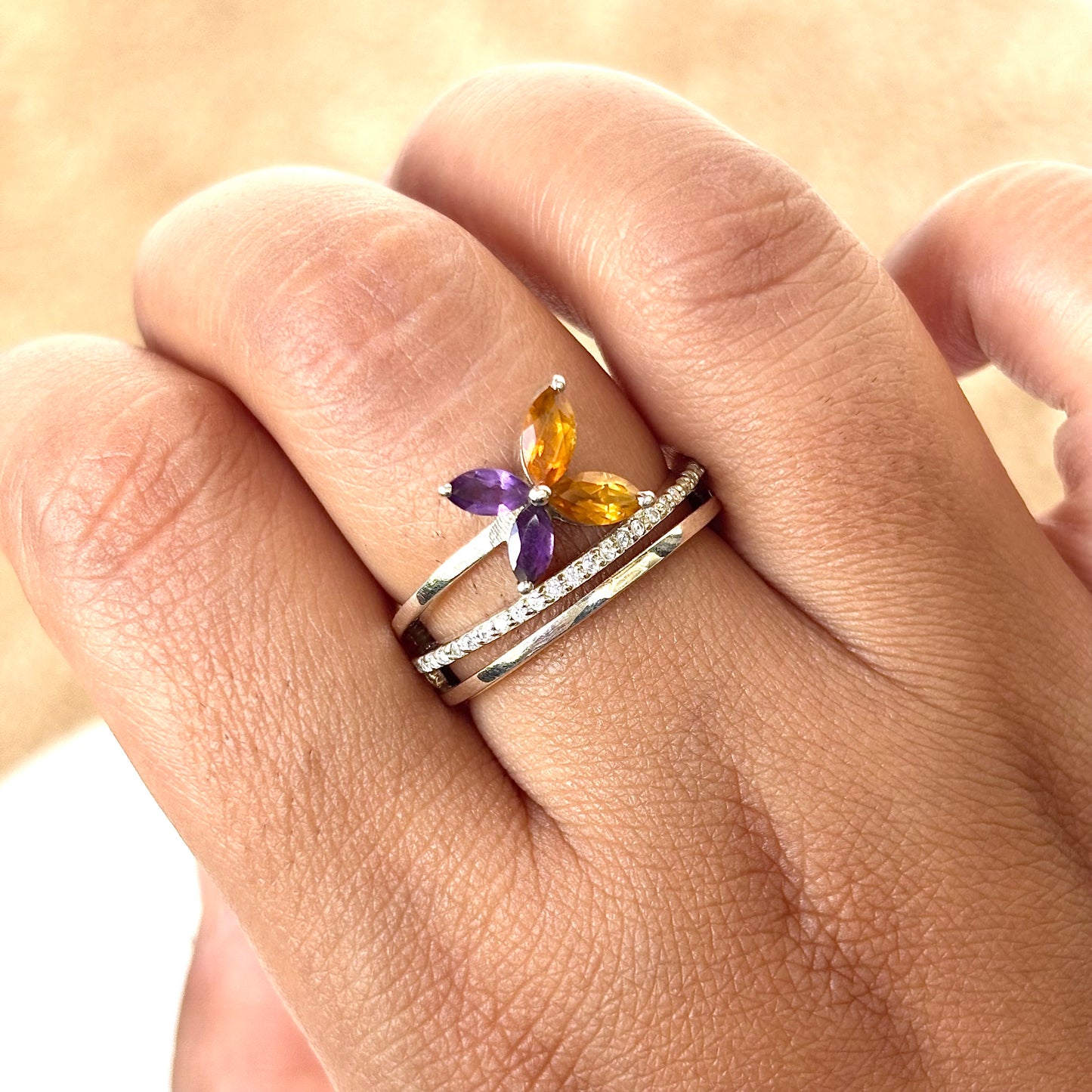925 Pure Silver Natural Amethyst & Citrine Butterfly Ring