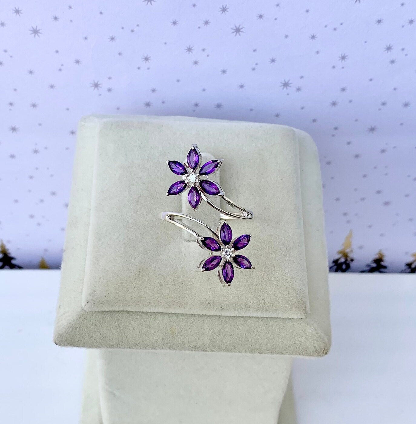 925 Pure Silver Natural Amethyst Floral Ring