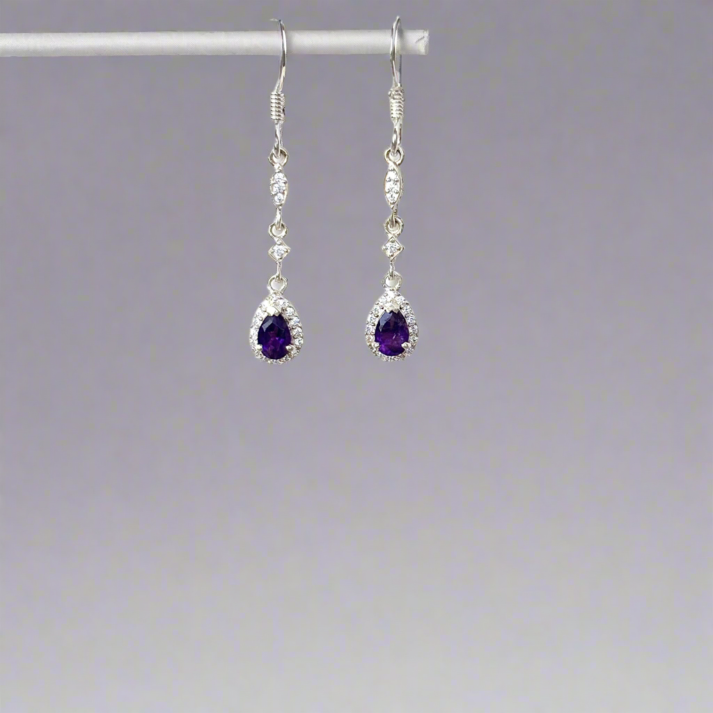 925 Pure Silver Natural Pear Amethyst Drop Earrings