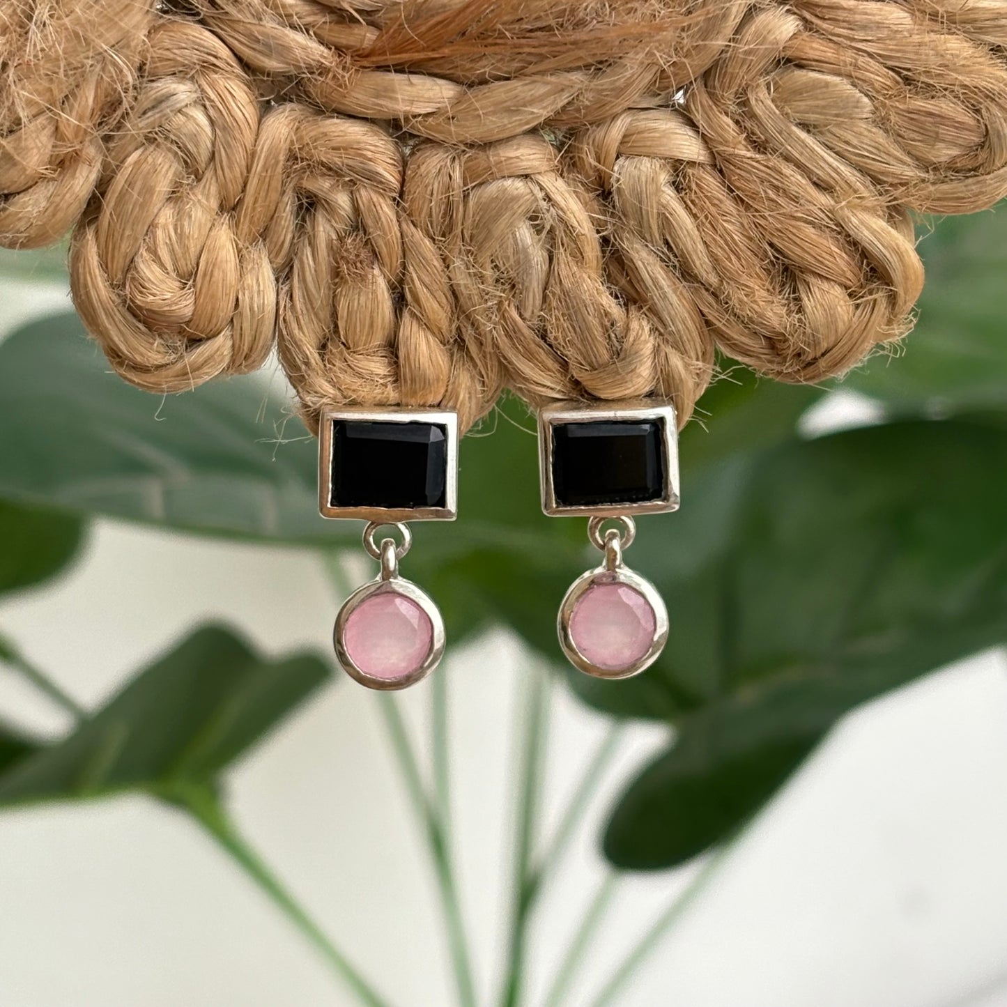 Elegant 925 Pure Silver Natural Black Onyx and Rose Quartz Earrings for Women