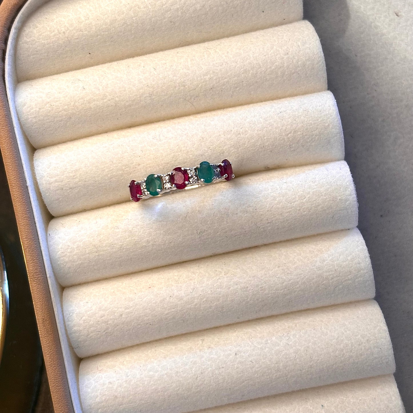 Natural Emerald & Ruby 925 Silver Band Ring (Certified)