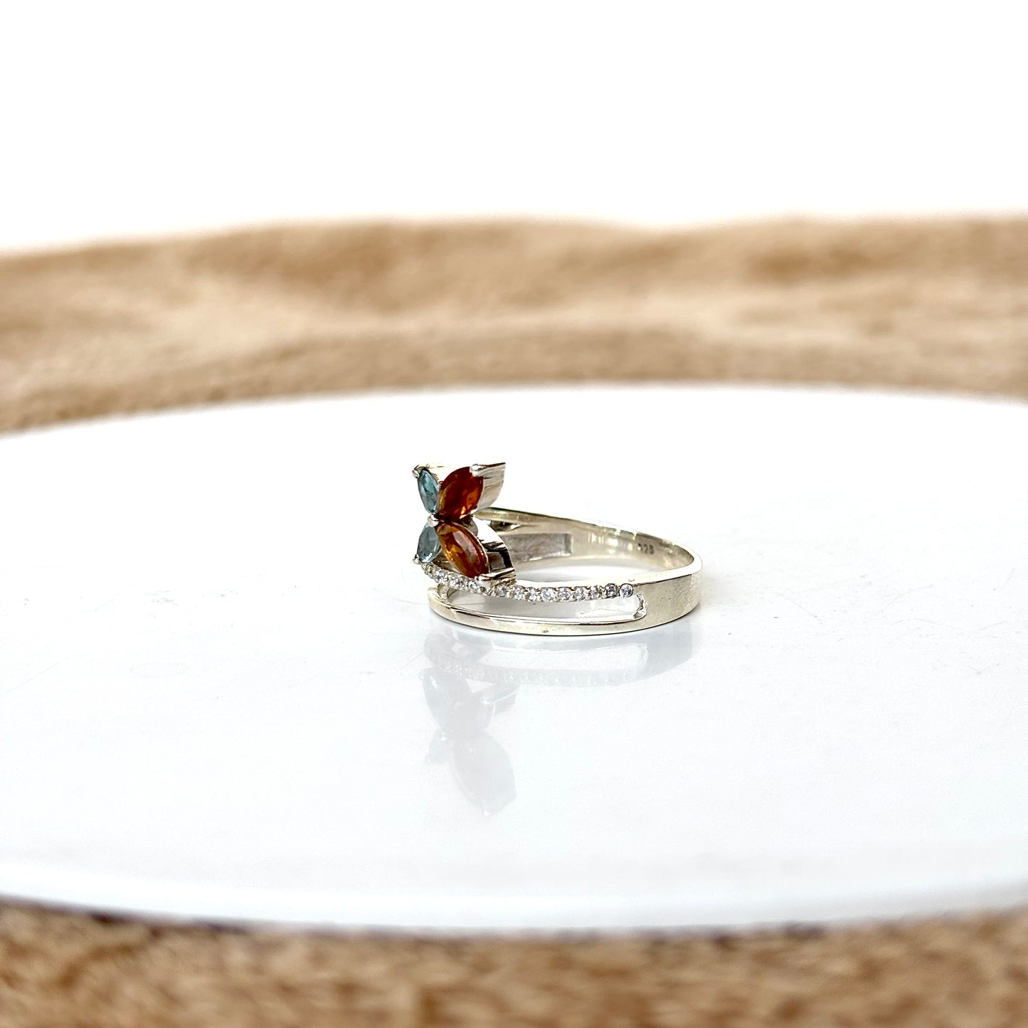 925 Sterling Silver Natural Blue Topaz & Citrine Butterfly Ring