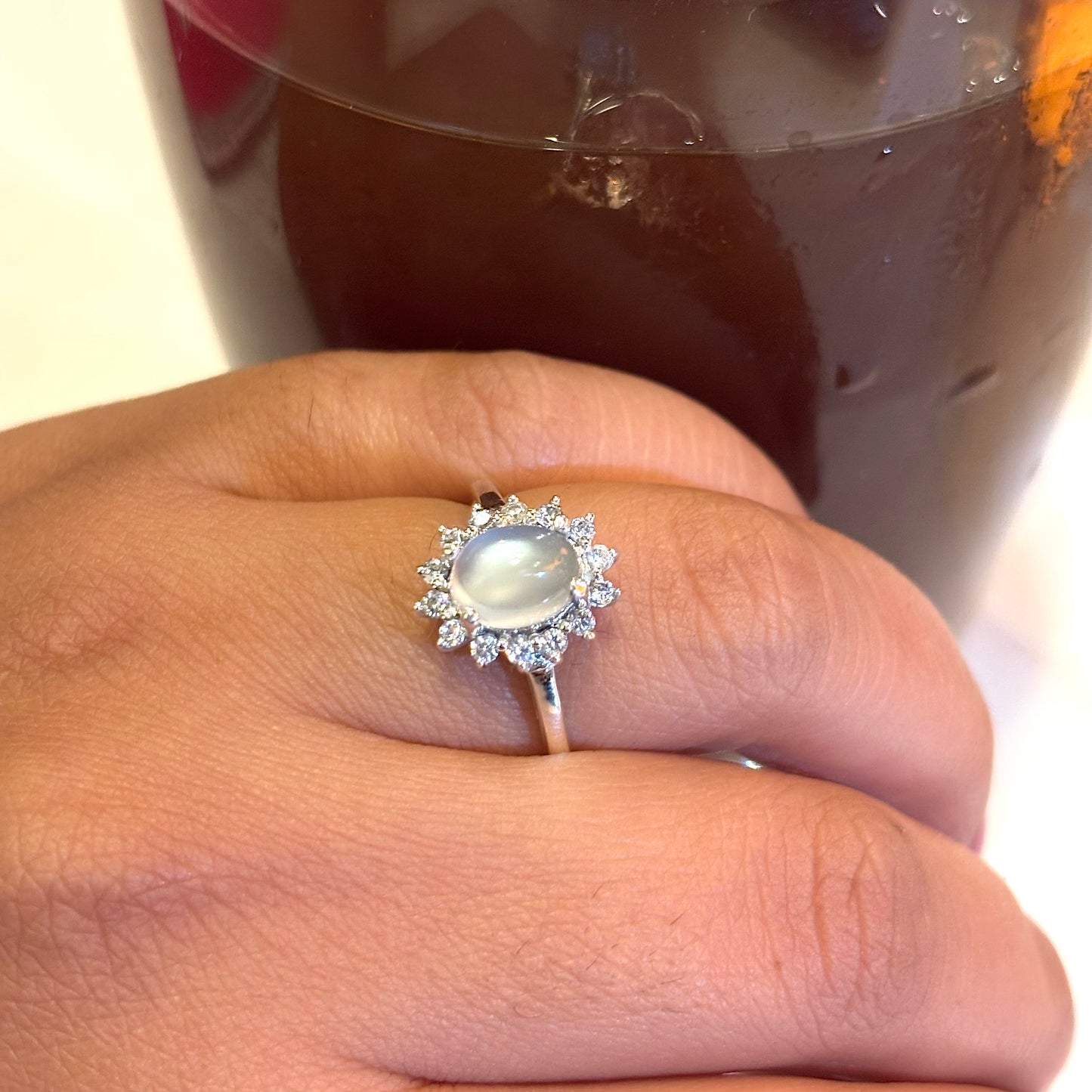 Natural Rainbow Moonstone 925 Pure Silver Princess Ring