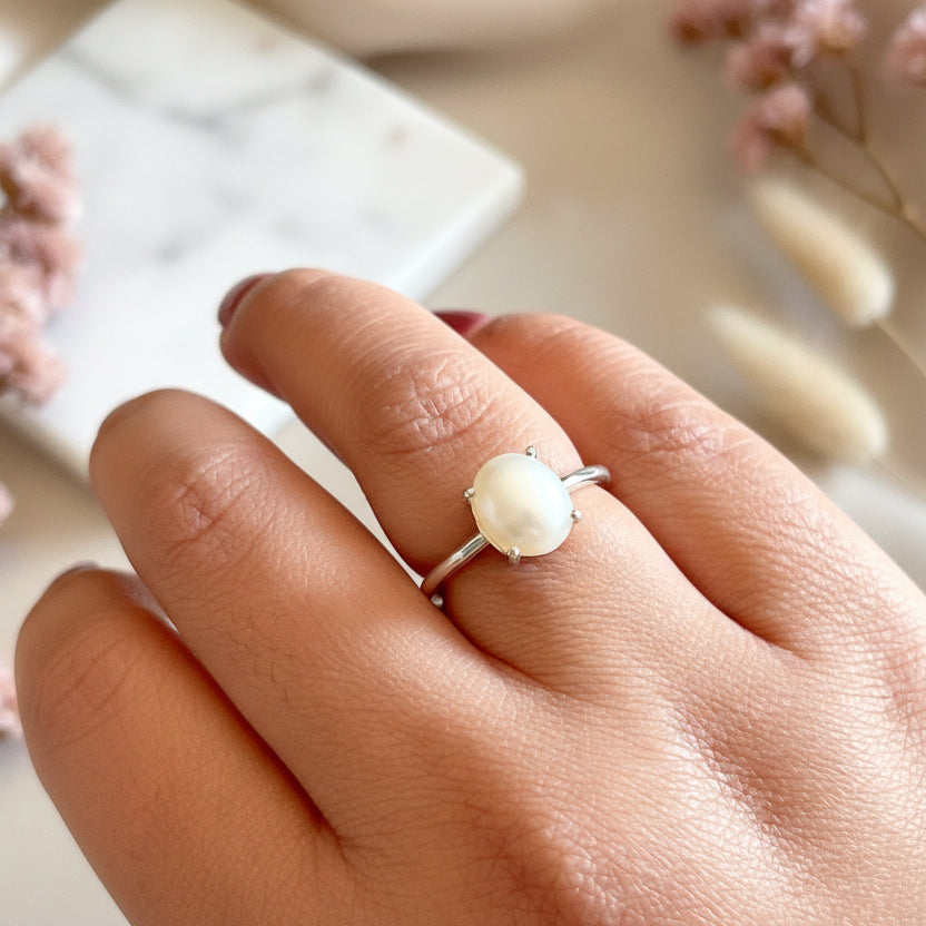 Natural Freshwater Pearl Ring in 925 Pure Silver (Certified)