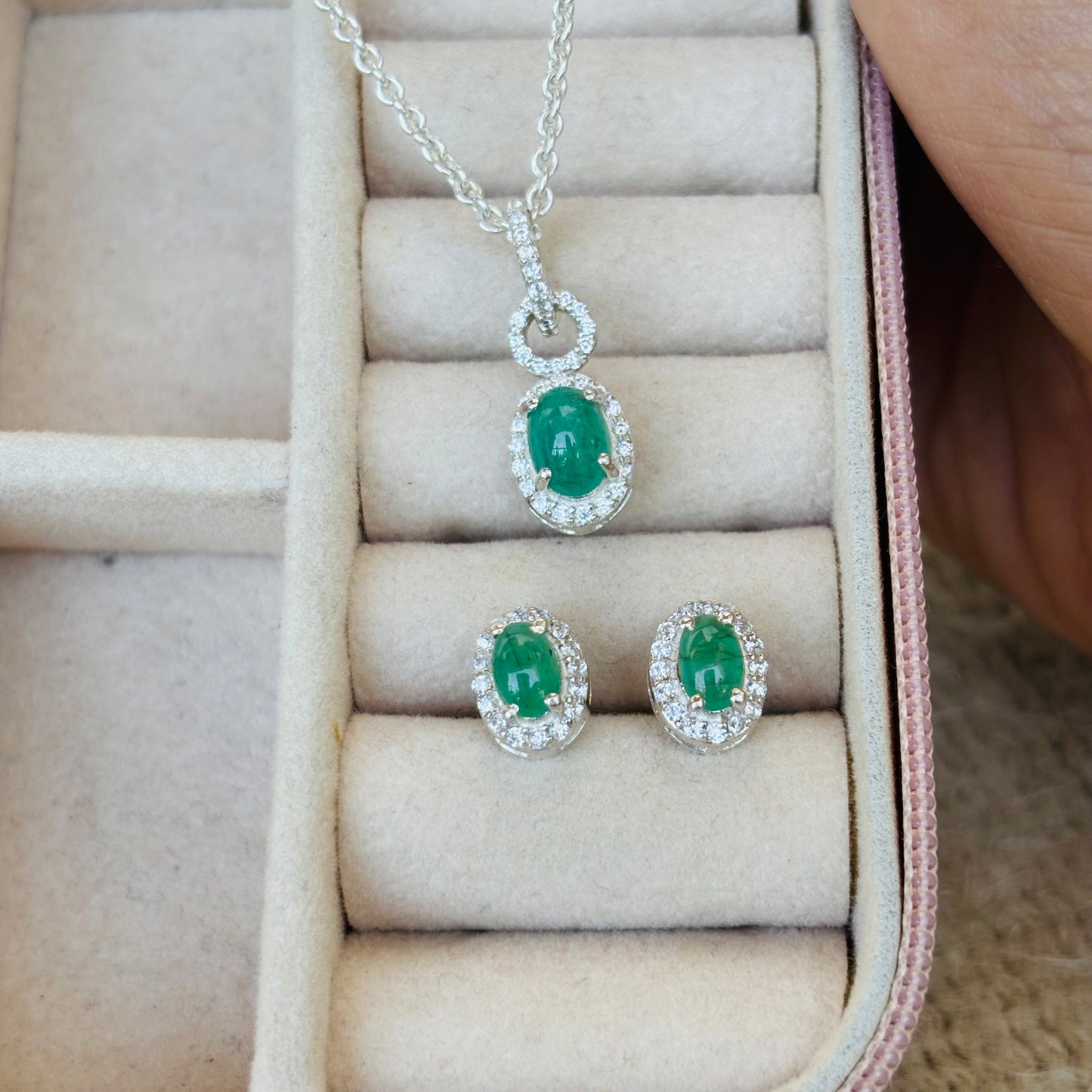 Natural Emerald Pendant & Earrings Set In 925 Pure Silver (Certified)