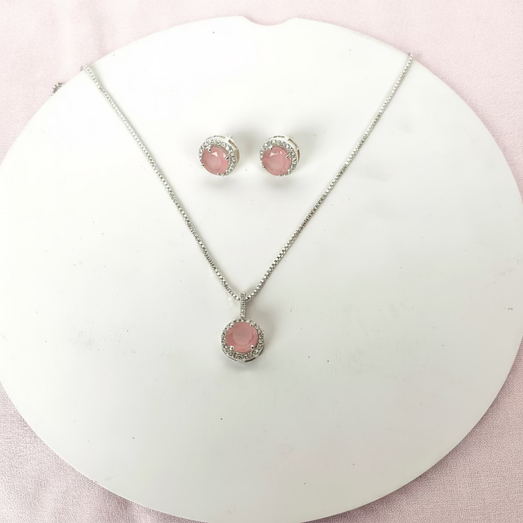 Natural Rose Quartz Sterling Silver Pendant Set with earrings