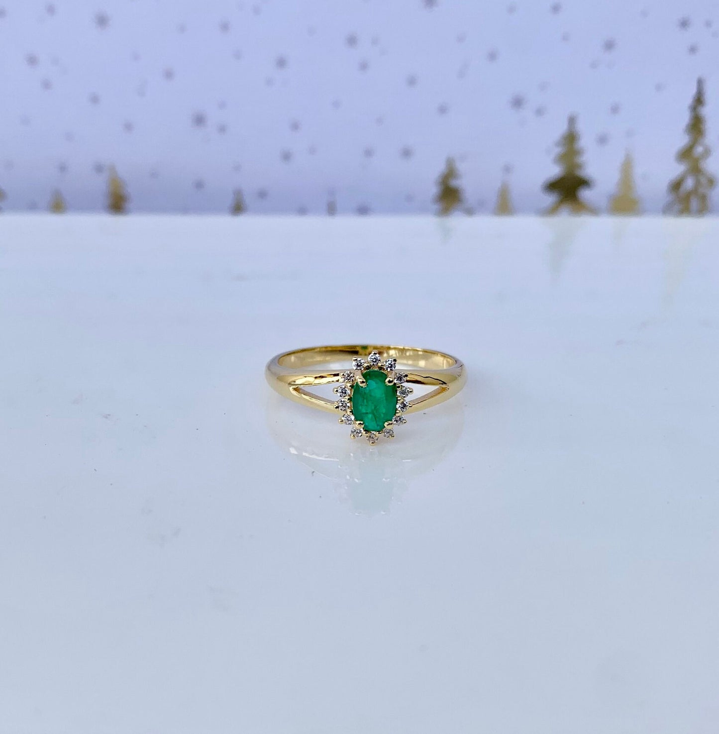 14 Karat Natural Yellow Gold Zambian Emerald Diamond Engagement Ring