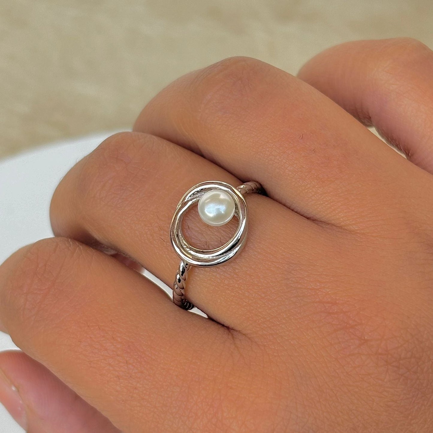 925 Pure Silver Double Ring with Pearl Gold Plated Dainty Everyday Ring