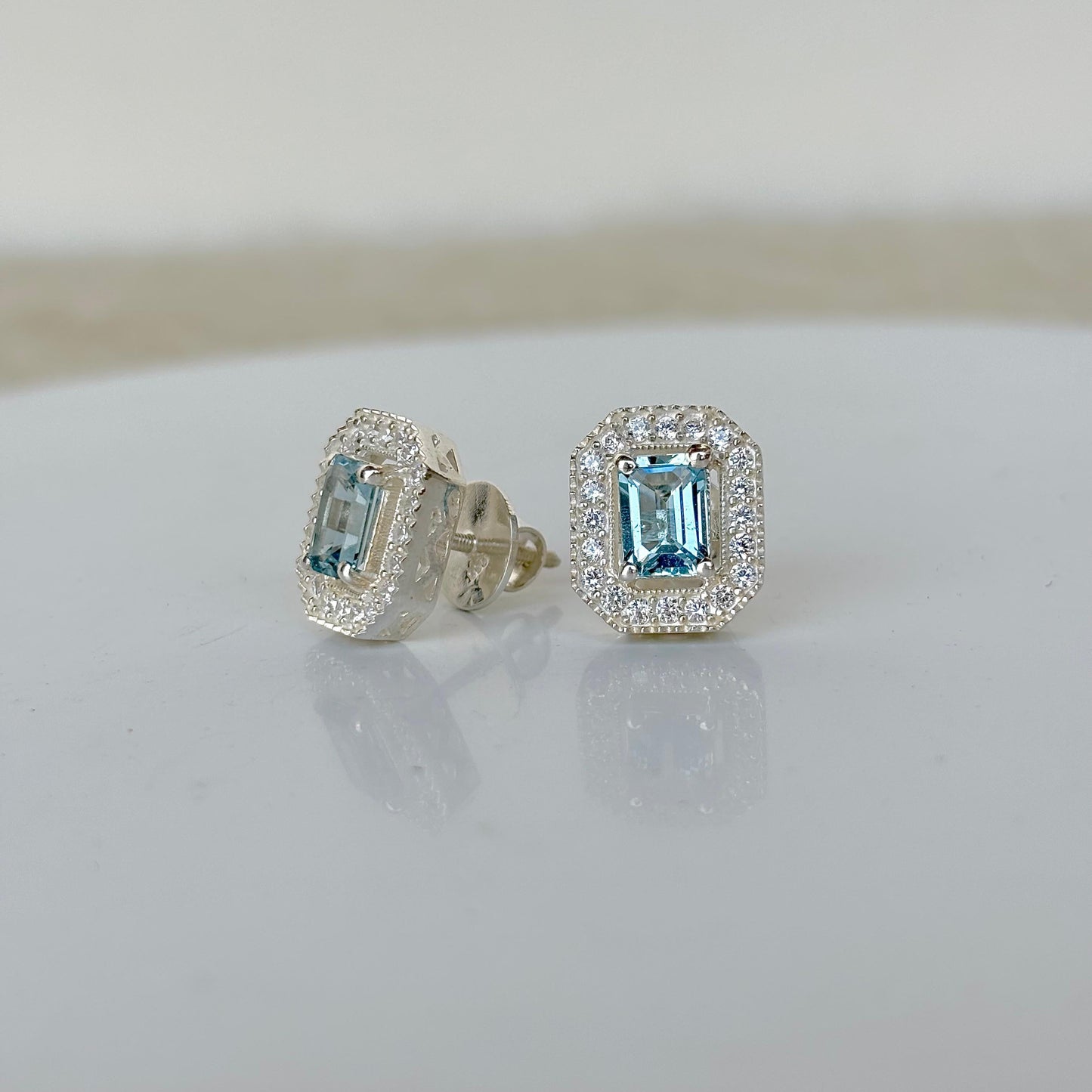 925 Pure Silver Natural Blue Topaz Halo Stud Earrings