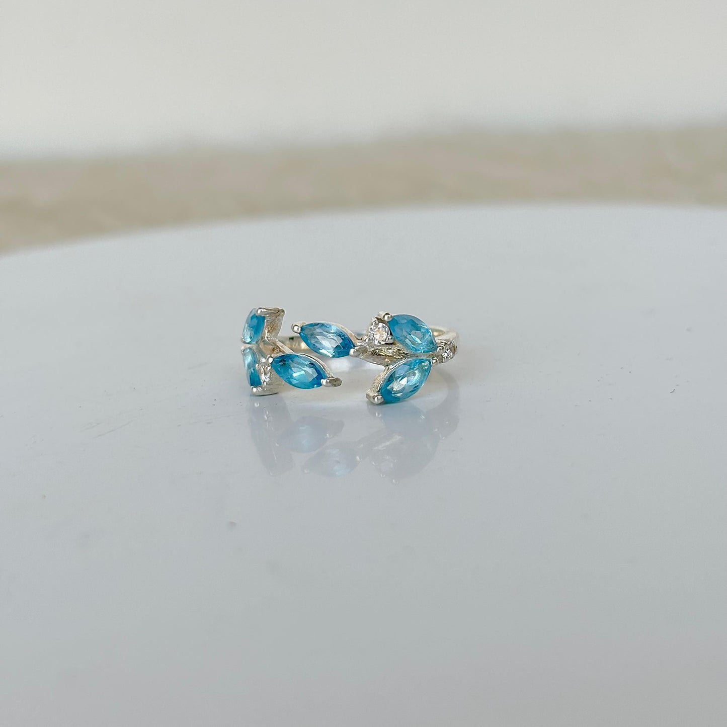 Natural Blue Topaz 925 Pure Silver Marquise Leaf Ring (Certified)
