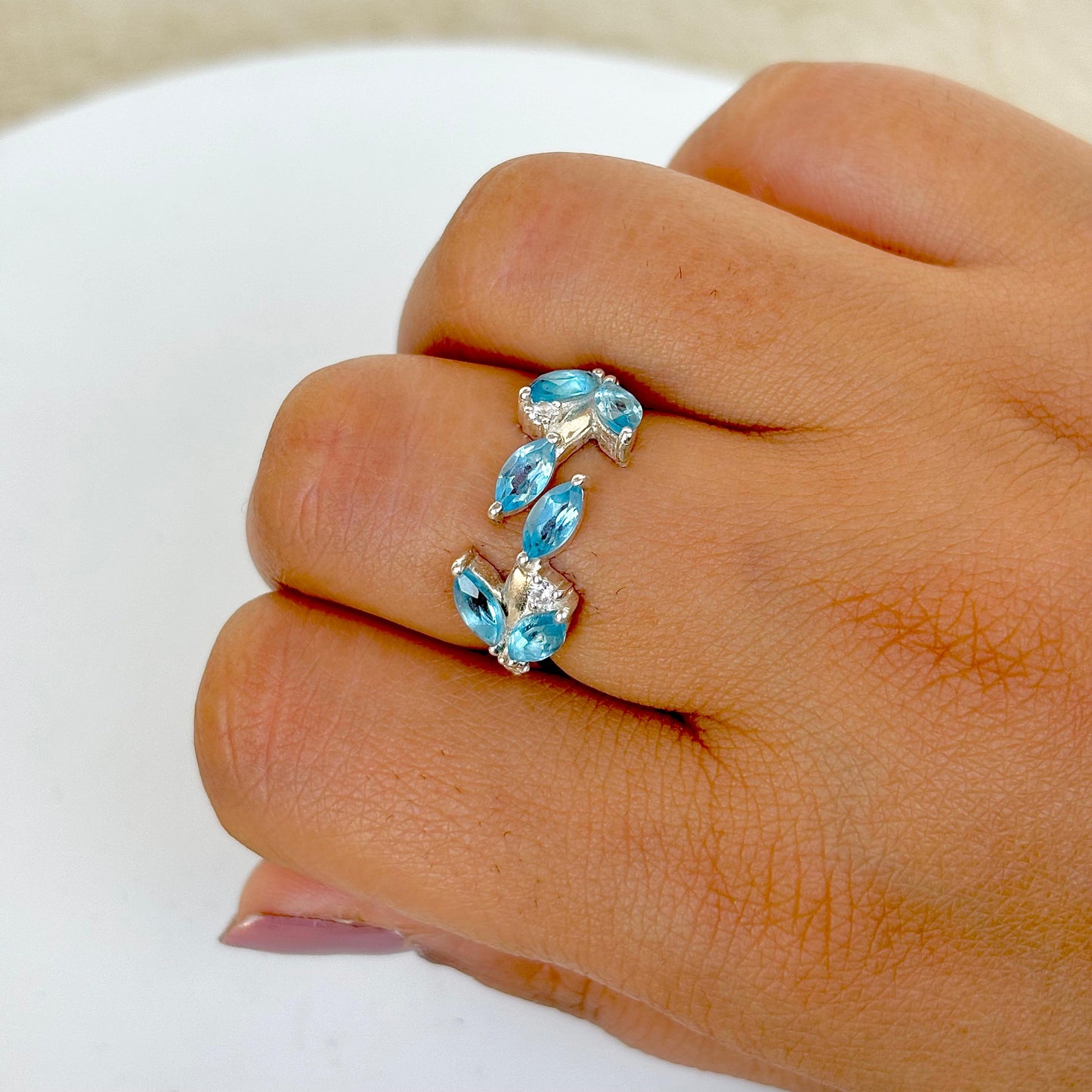 925 Pure Silver Natural Blue Topaz Marquise Leaf Ring