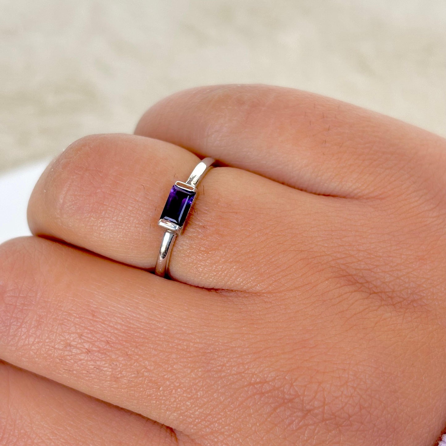 925 Pure Silver Natural Amethyst Baguette Cut Dainty Ring