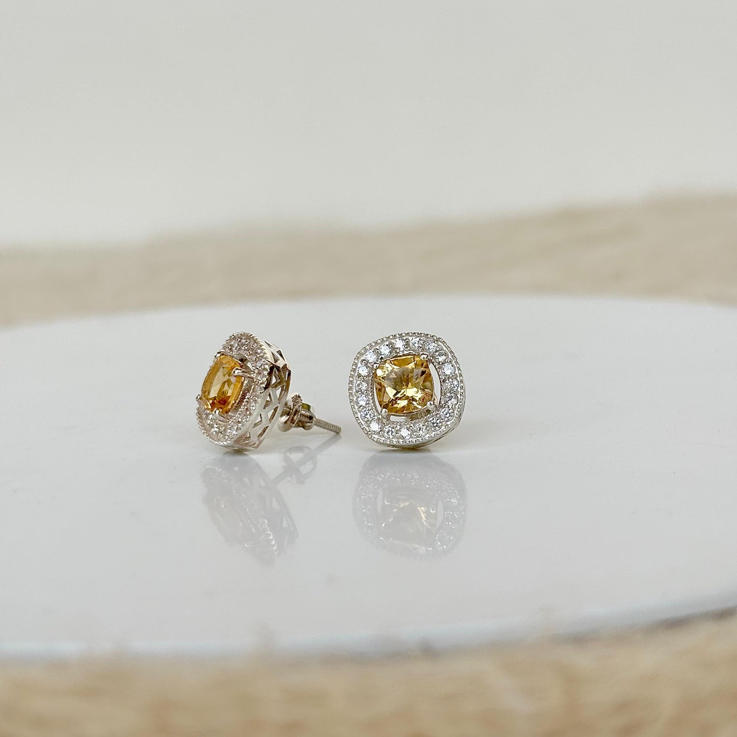925 Pure Silver Natural Citrine Halo Stud Earrings