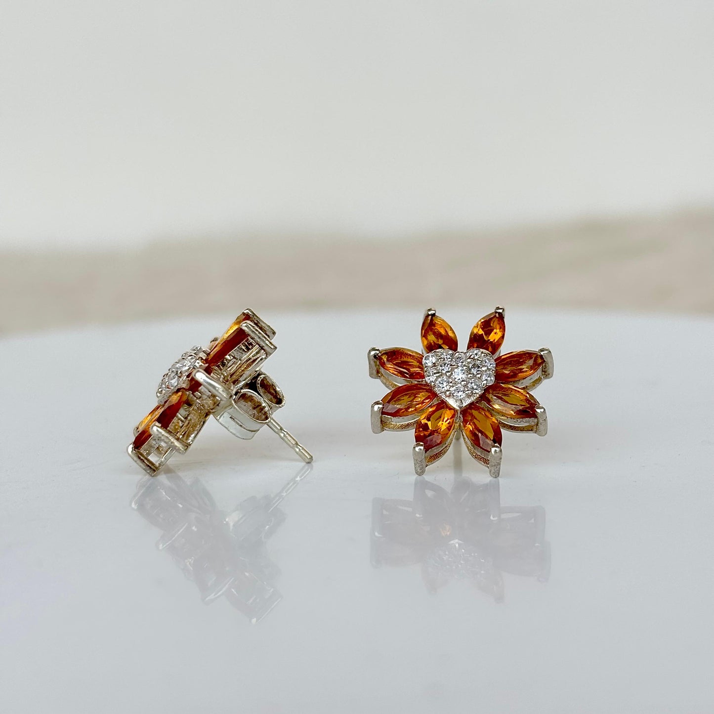 925 Pure Silver Citrine Flower Stud Earrings