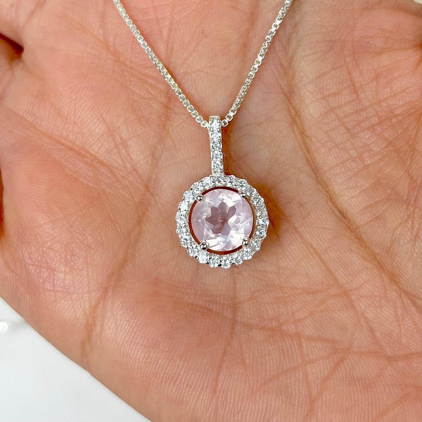 925 Pure Silver Natural Rose Quartz Pendant Necklace