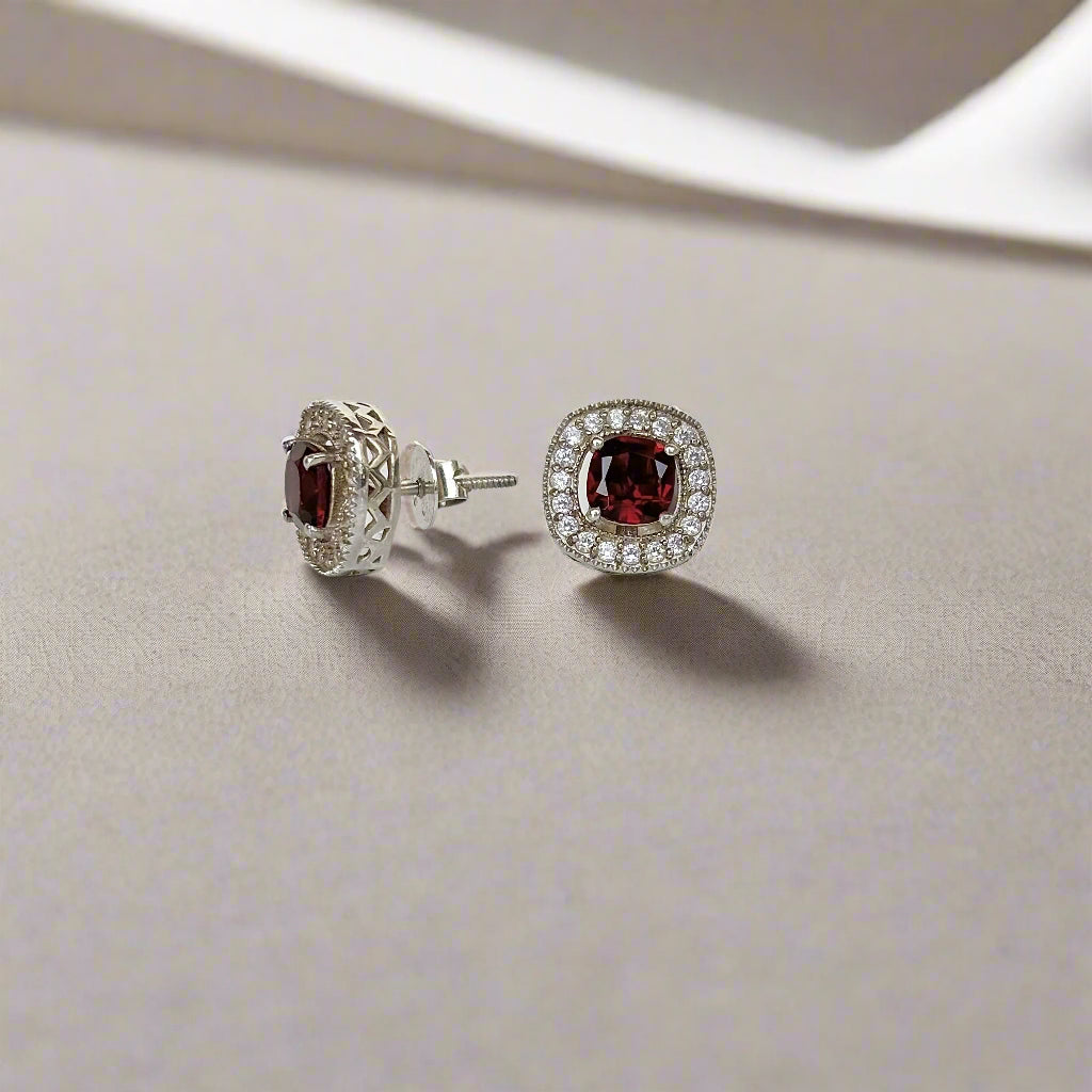 Natural garnet halo stud earrings in 925 sterling silver – gemstone jewelry for elegance and healing