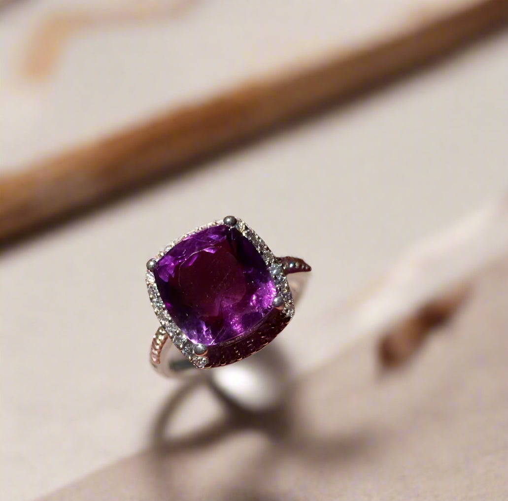 925 Pure Silver Natural Amethyst Halo Ring