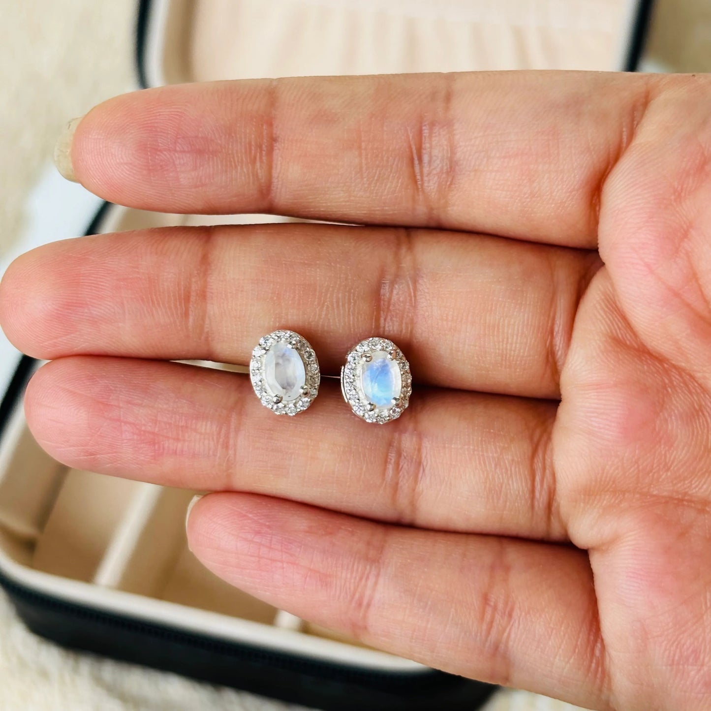 925 Pure Silver Natural Moonstone Oval Cut Earrings