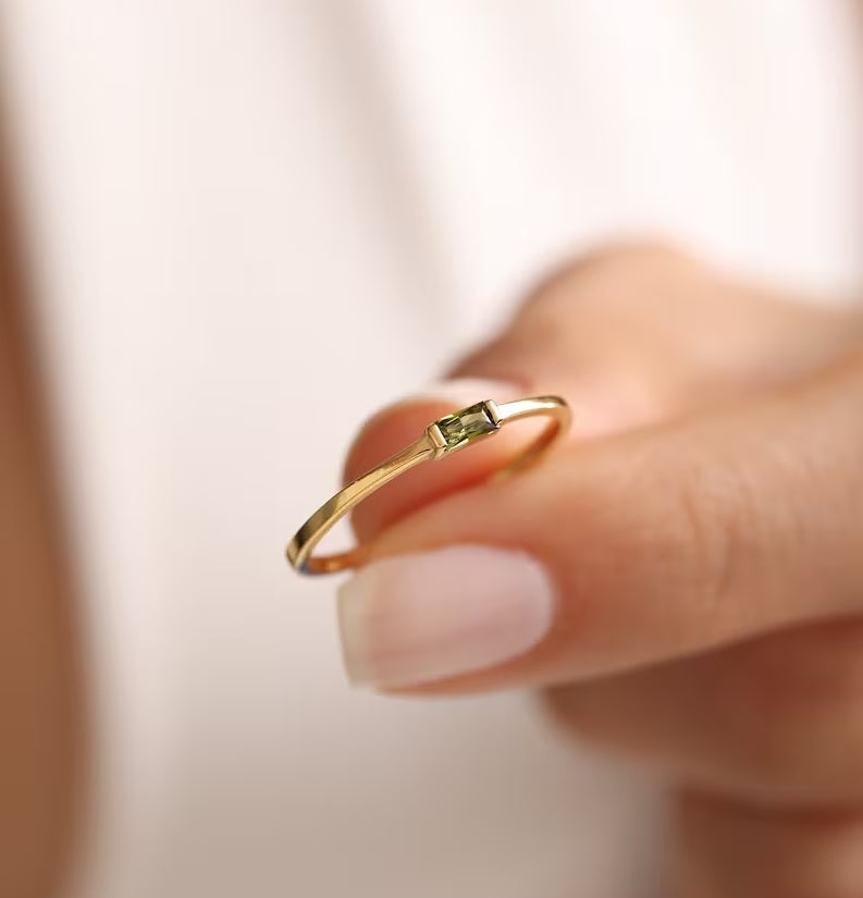 925 Pure Silver Baguette Natural Peridot Birthstone Gold Plated Daily Ring