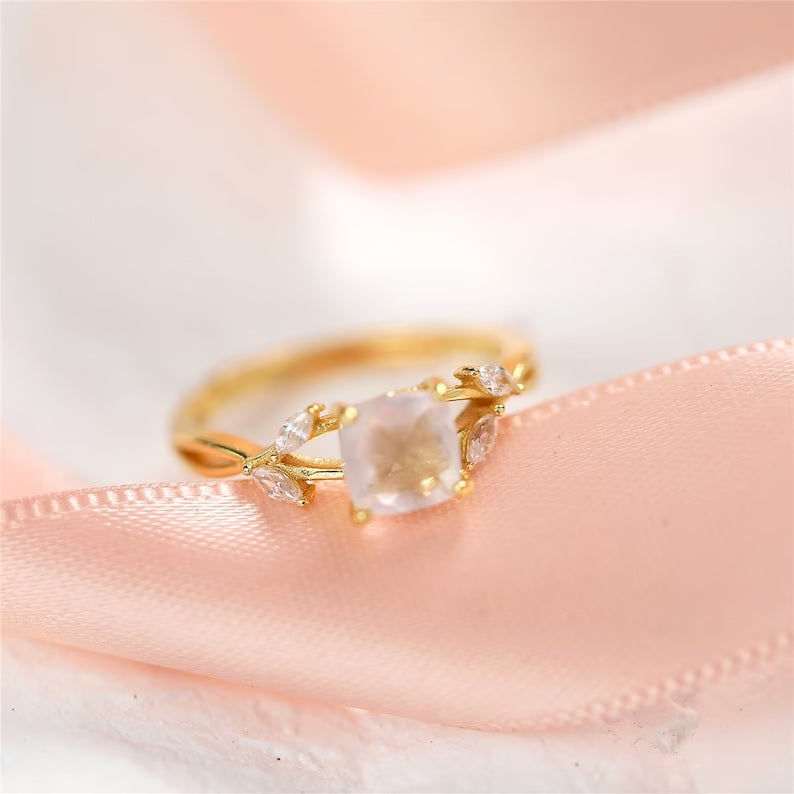 925 Pure Silver Gold Plated Rose Quartz Crystal Engagement Ring
