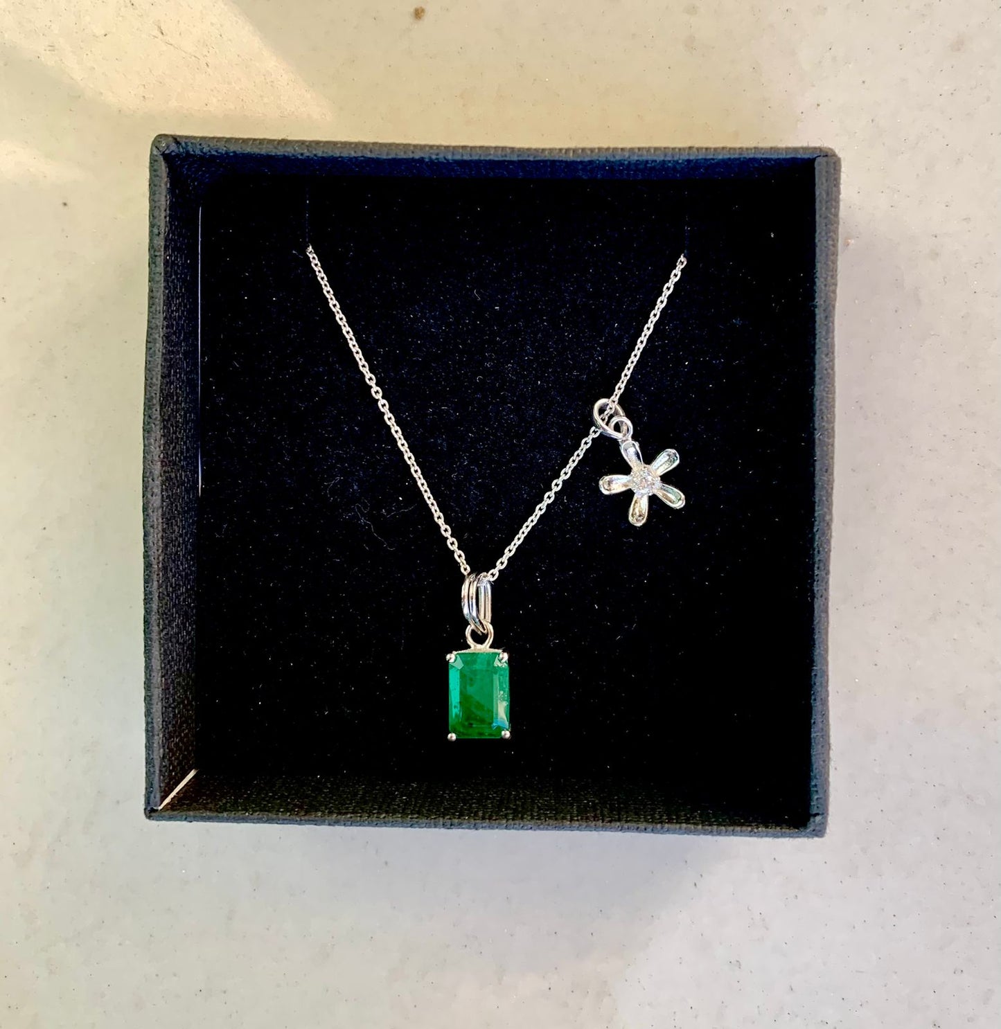 925 Pure Silver Zambian Natural Emerald Pendant with Chain + Small Flower Charm Pendant Necklace