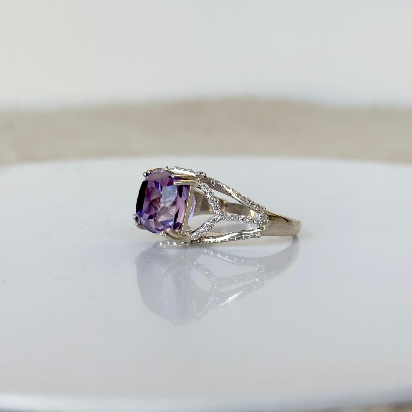 925 Pure Silver Cushion-Cut Natural Amethyst Ring