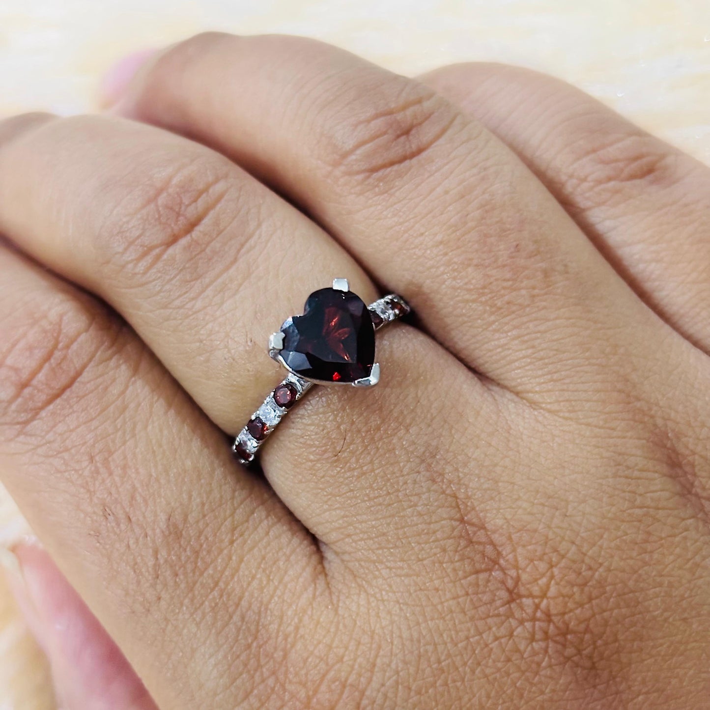 Natural Garnet Heart Shape 925 Pure Silver Ring