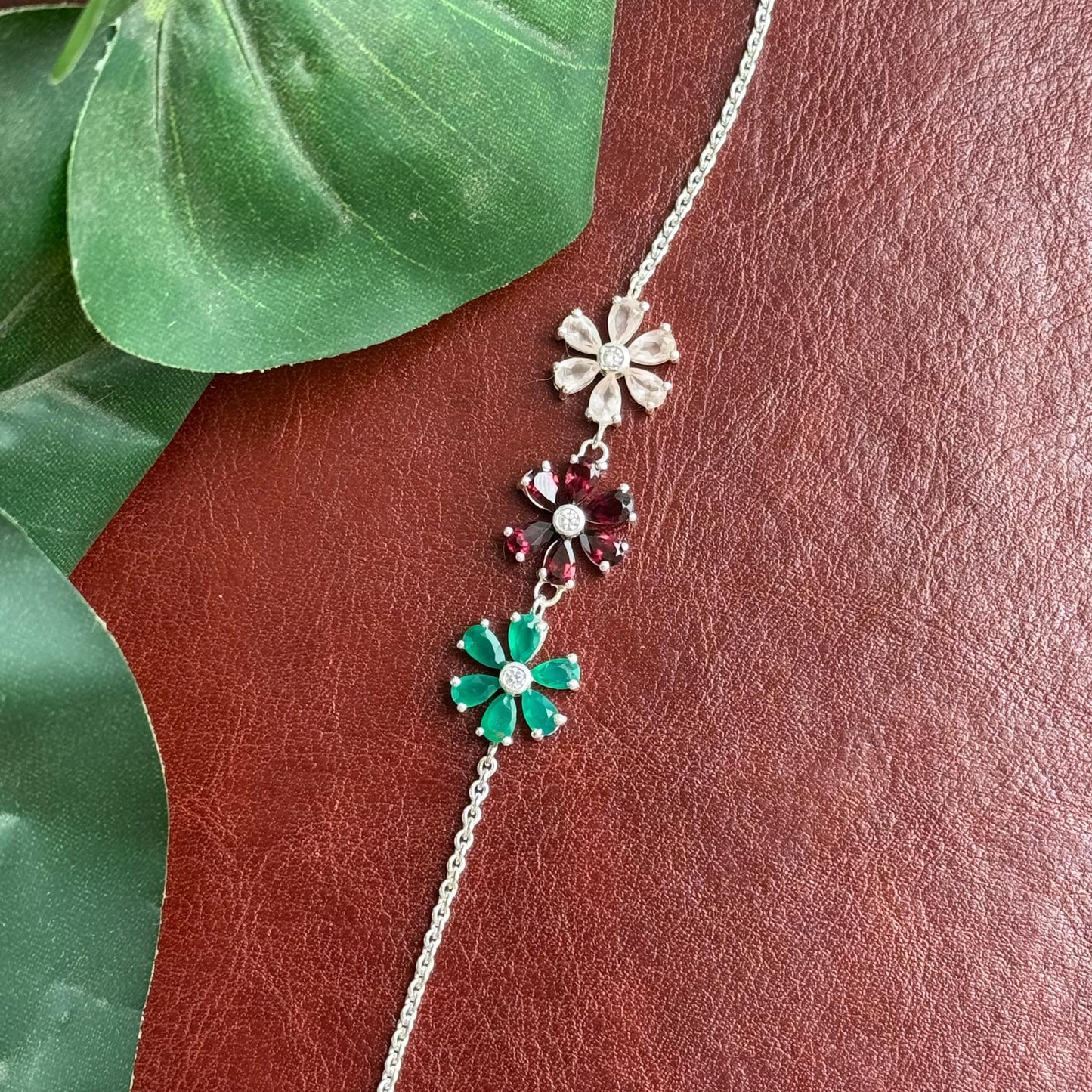 Natural Gemstones 925 Pure Silver Flower Bracelet