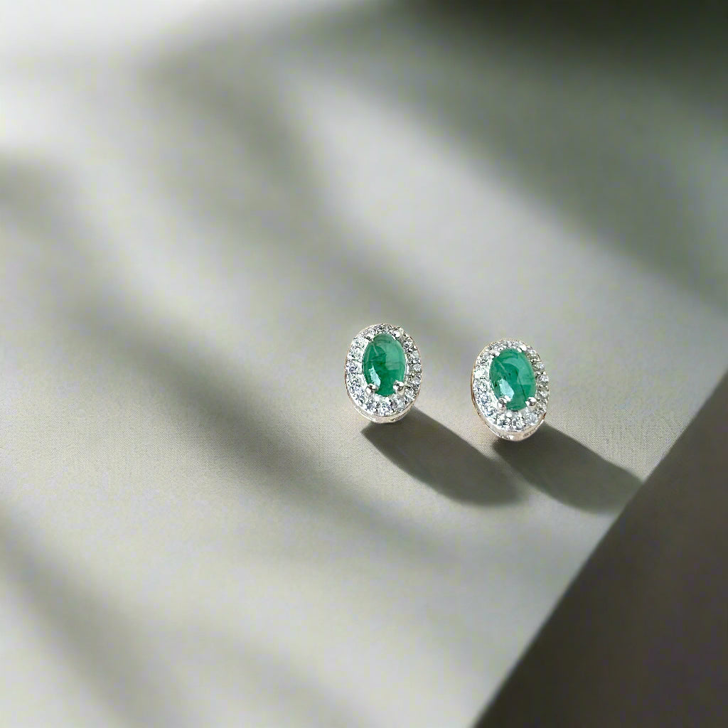 925 Pure Silver Natural Emerald Oval Cut Earrings