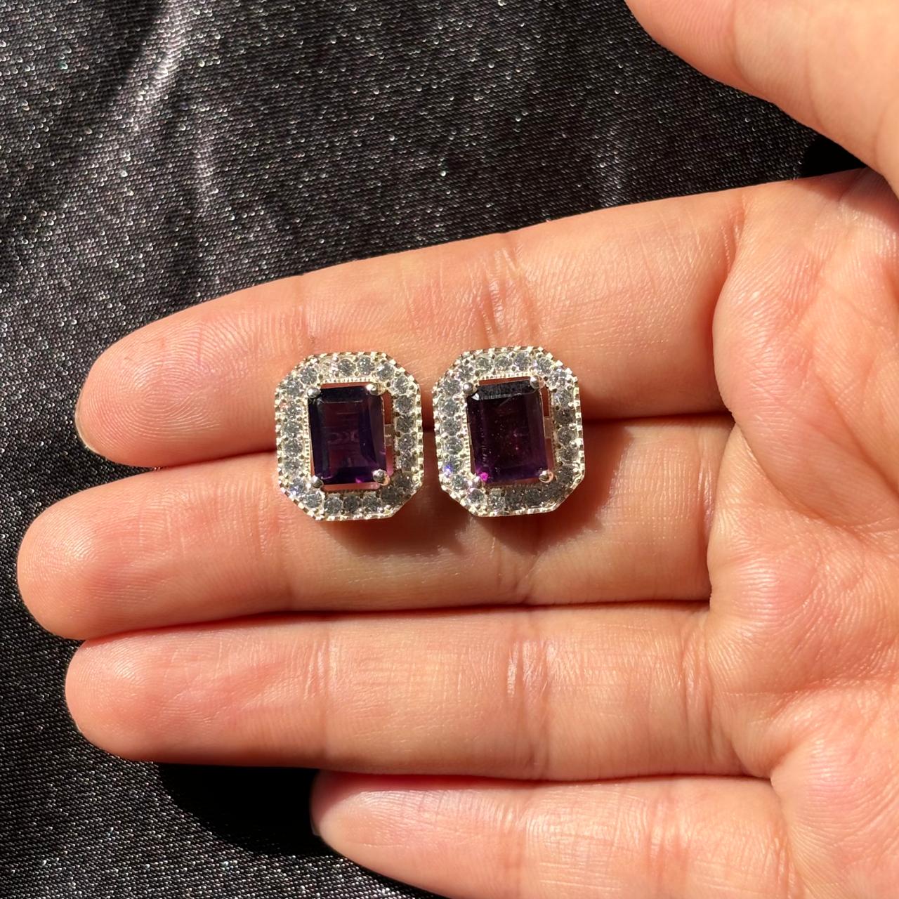 925 Pure Silver Natural Emerald-Cut Amethyst Halo Stud Earrings