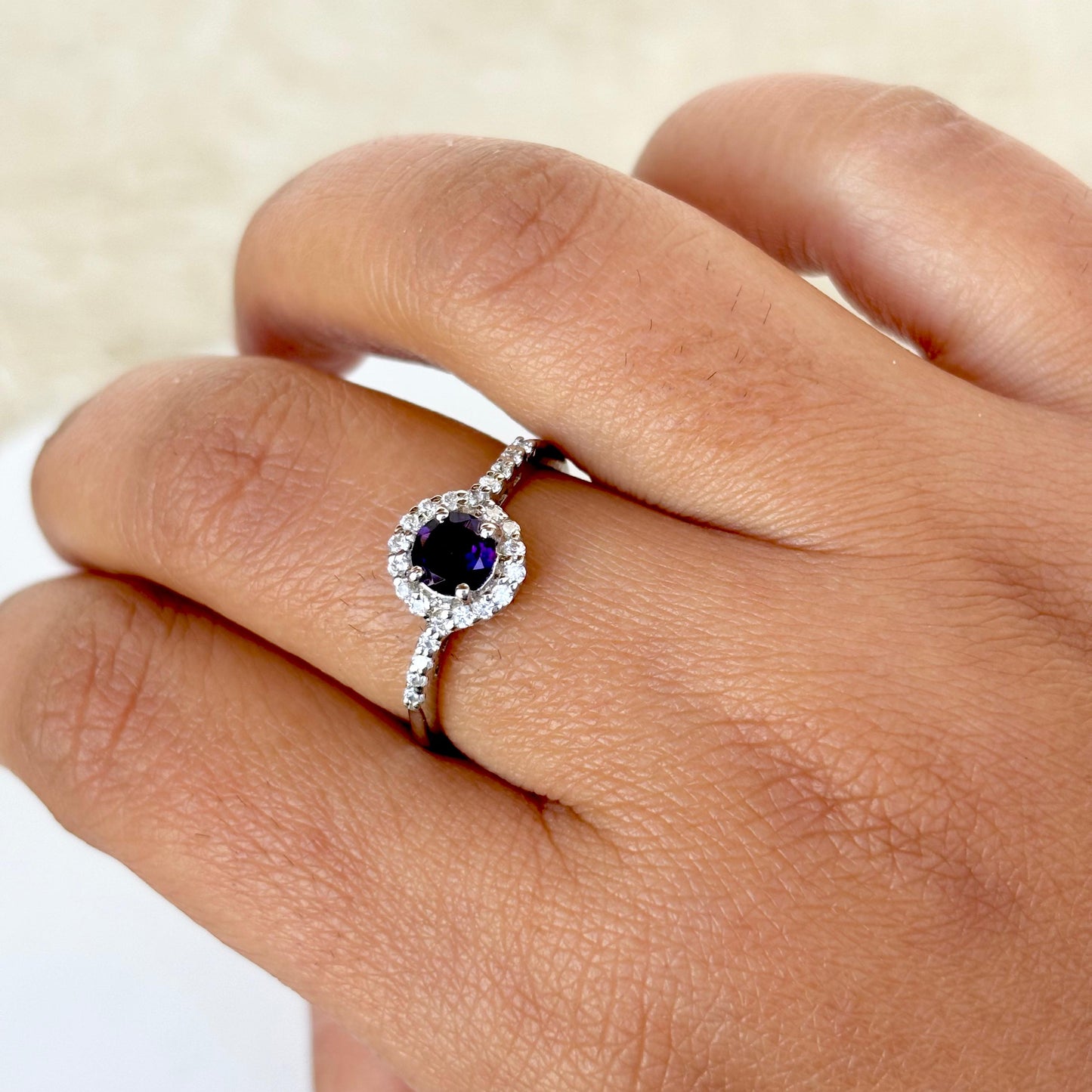 Pure Essence: 925 Pure Silver Natural Amethyst Round Ring