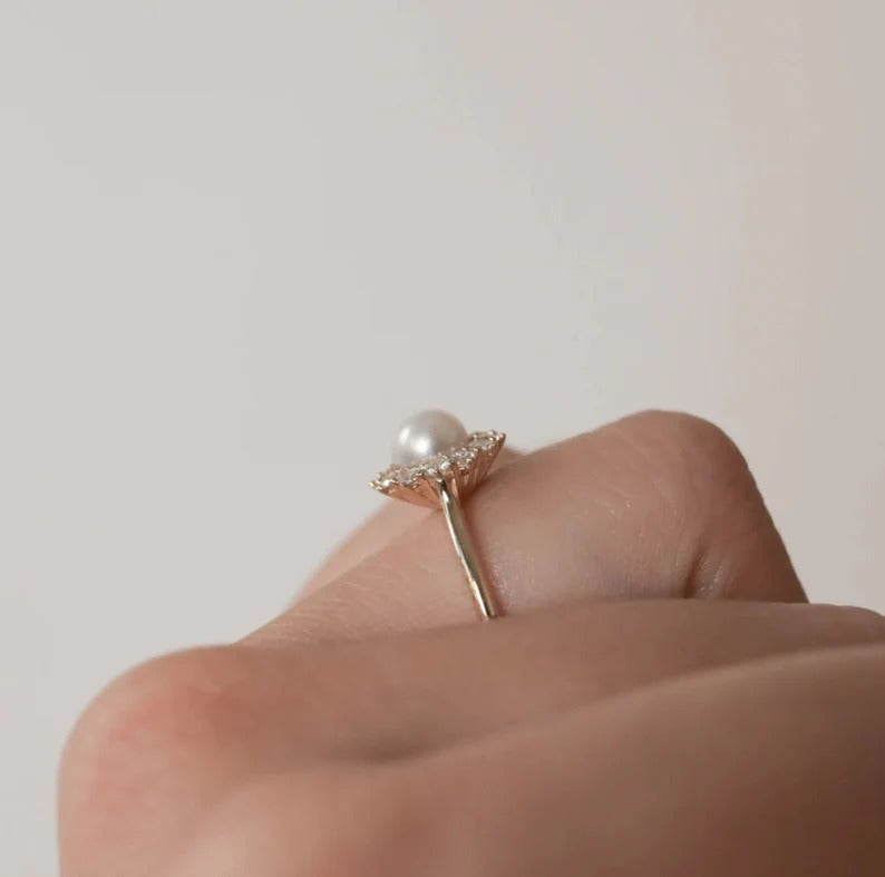 925 Pure Silver Round Pearl Natural Yellow Gold Plated Engagement Ring