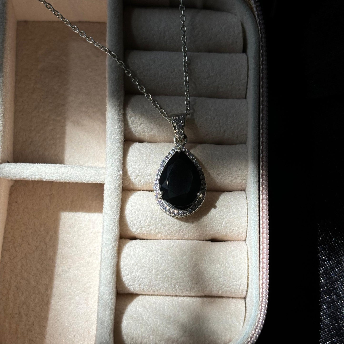 925 Pure Silver Pear Cut Natural Black Onyx Pendant Necklace