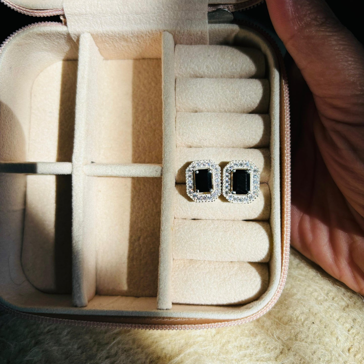 925 Pure Silver Natural Emerald-Cut Black Onyx Halo Stud Earrings