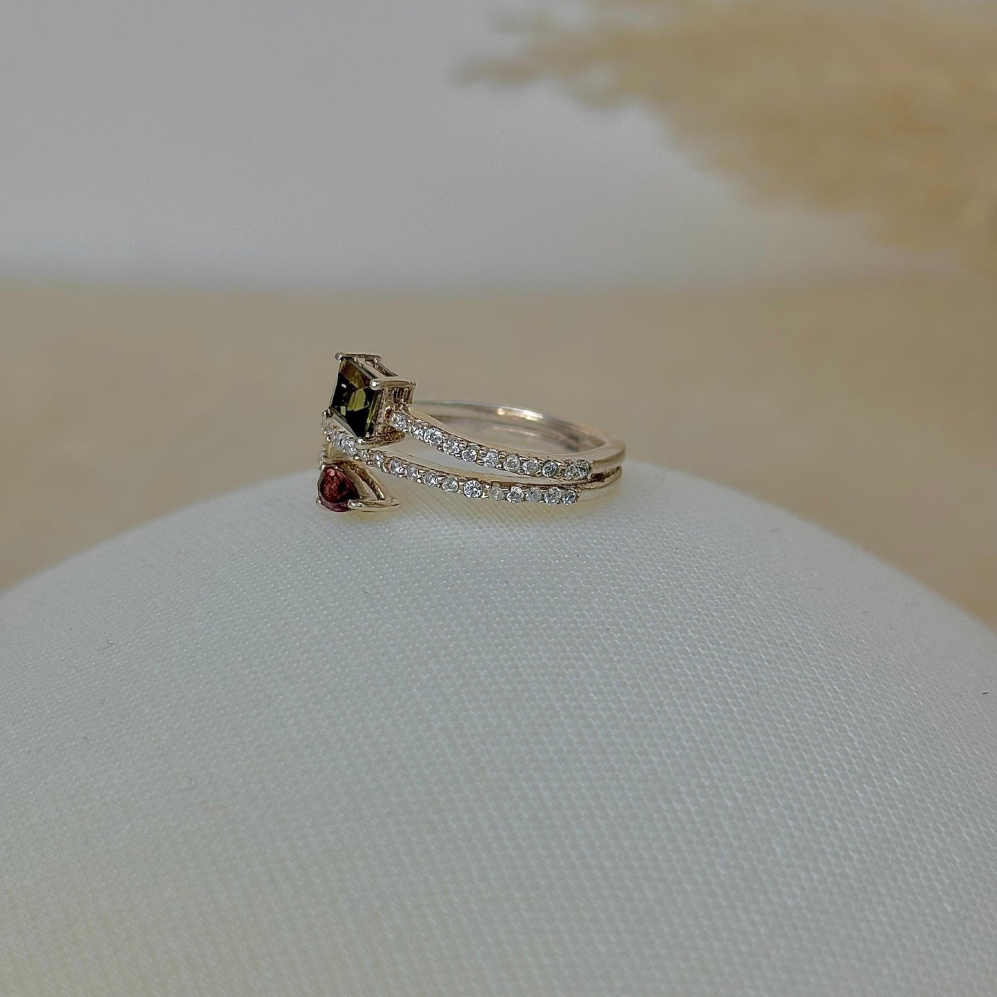 Natural Pink and Green Tourmaline 925 Pure Silver Open Band Ring (Certified)