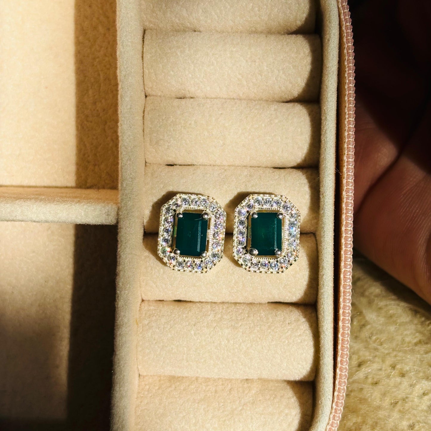 925 Pure Silver Natural Emerald-Cut Green Onyx Halo Stud Earrings