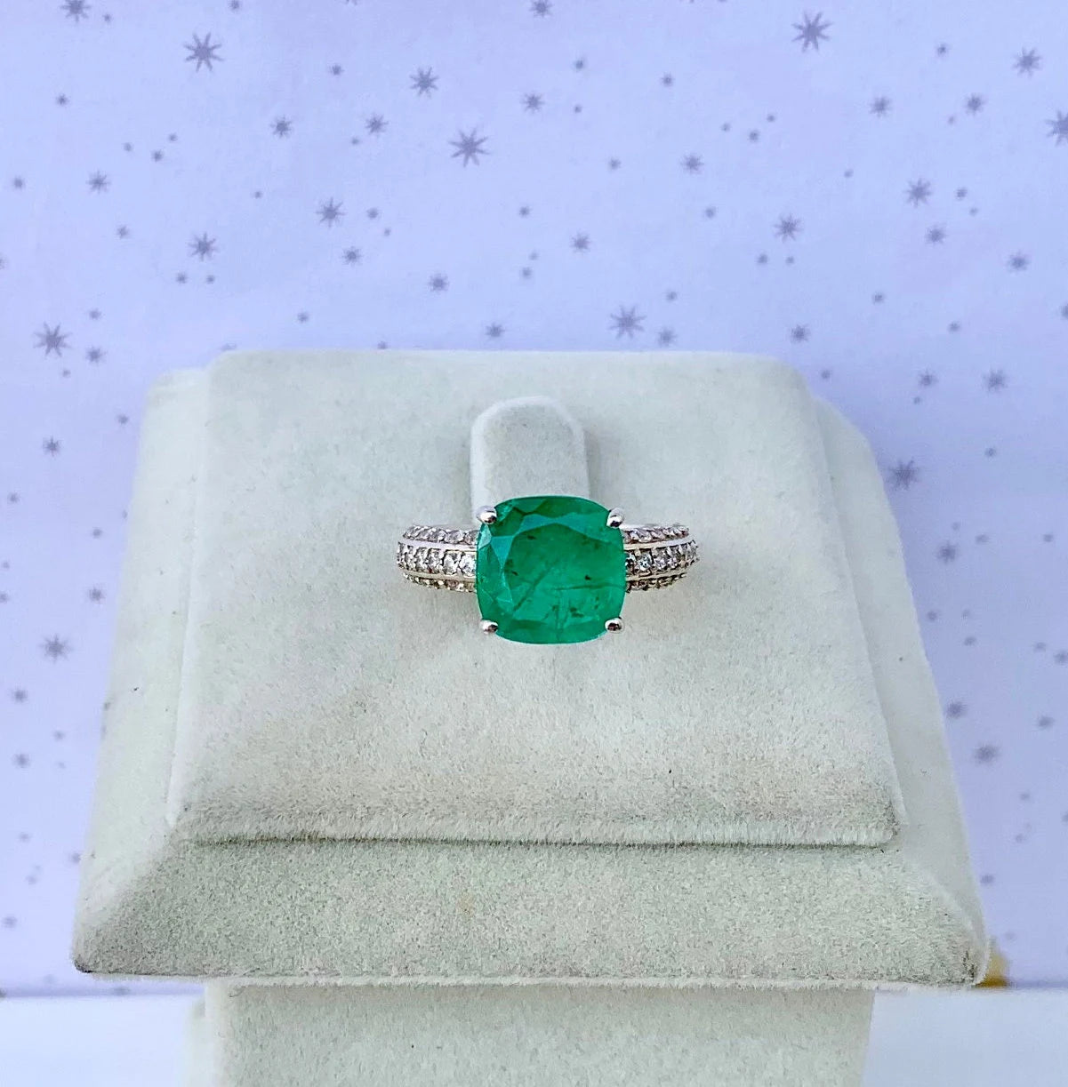 Green Emerald Quartz Cushion Cut 925 Pure Silver Ring