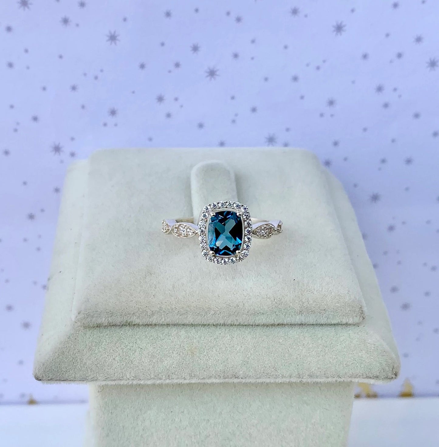 London Natural Blue Topaz Ring 925 Pure Silver Minimalist Cushion Cut December Birthstone