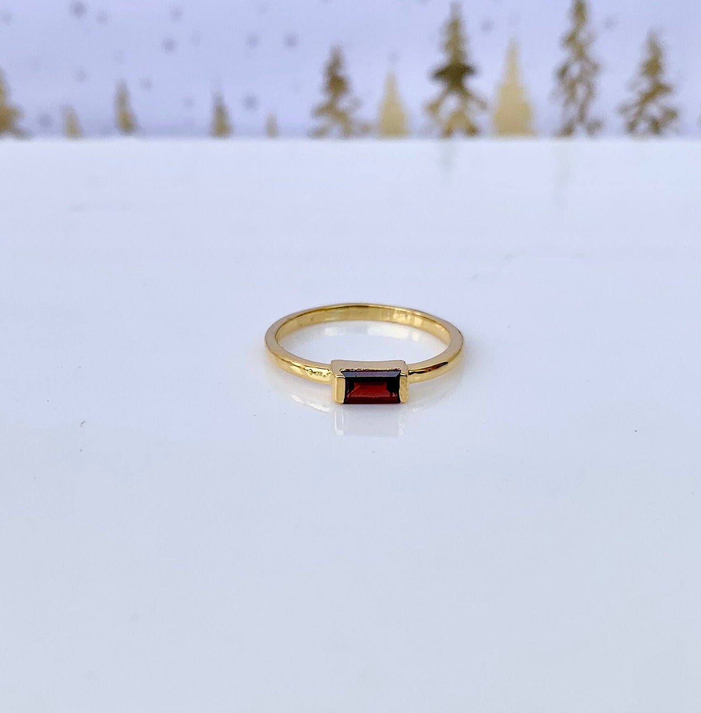 22k Gold Plated Natural Garnet Baguette Cut 925 Pure Silver Ring