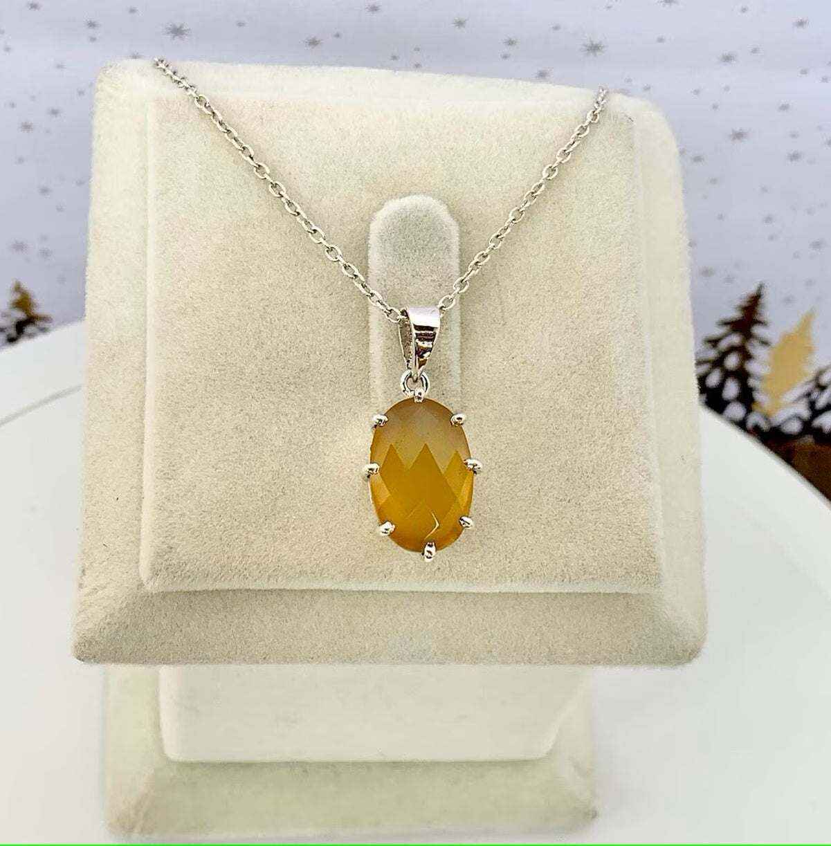925 Pure Silver Checkered Honey Quartz Pendant Necklace