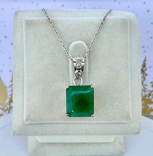 925 Pure Silver 14 CT Zambian Natural Emerald Pendant Necklace