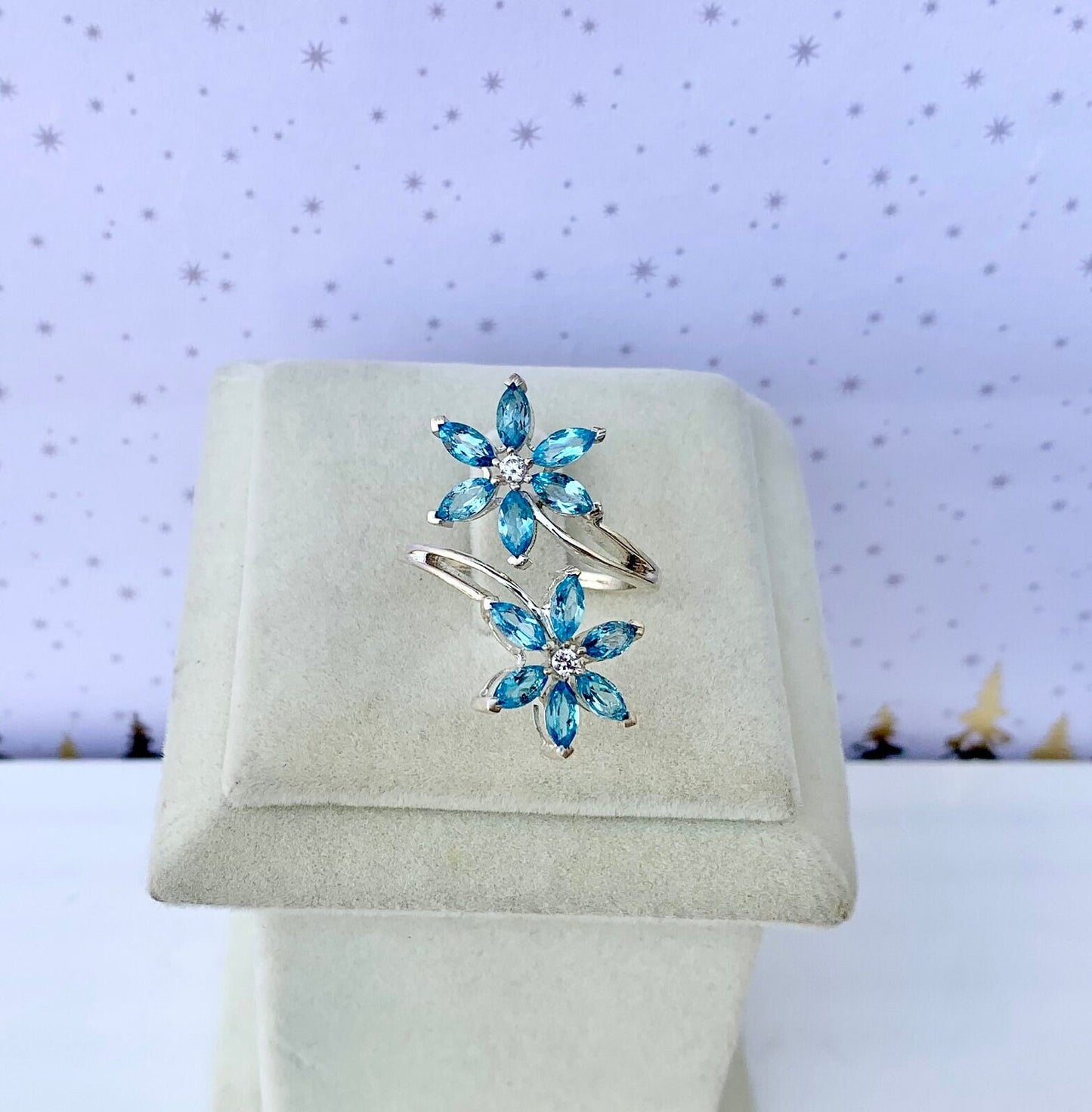925 Pure Silver Natural Blue Topaz Floral Ring