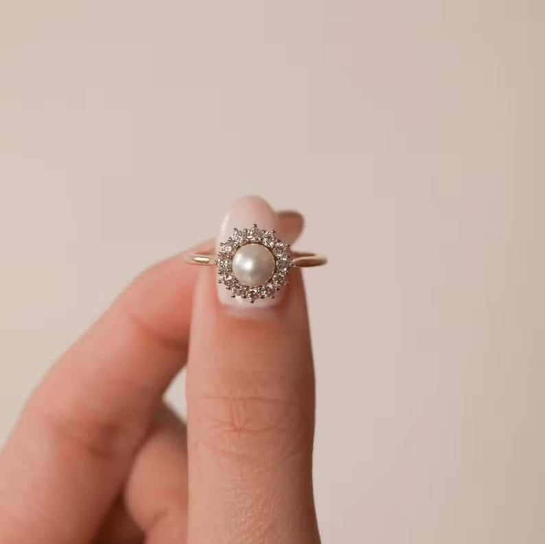 925 Pure Silver Round Pearl Natural Yellow Gold Plated Engagement Ring