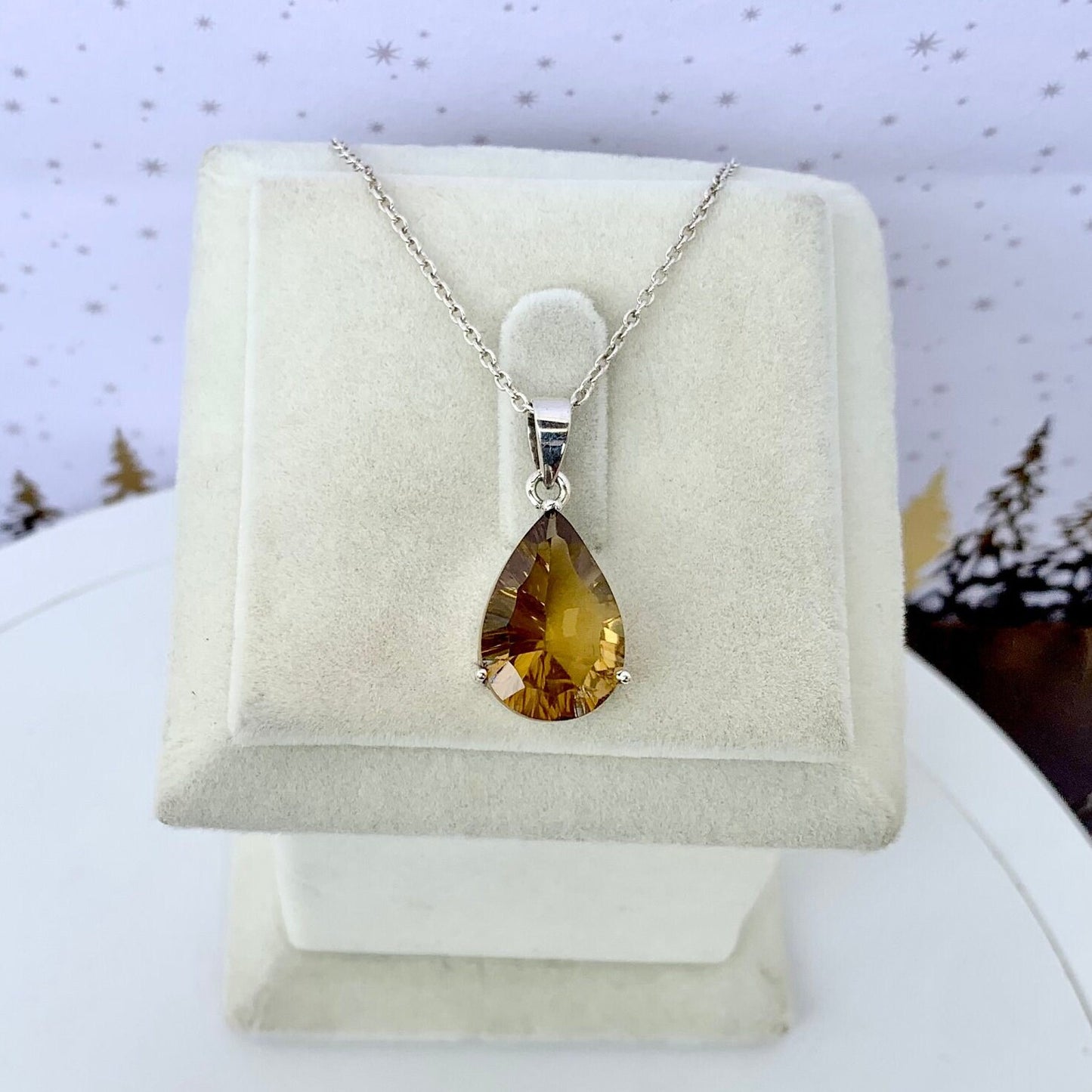 925 Pure Silver Gold Lemon Quartz Pendant Necklace