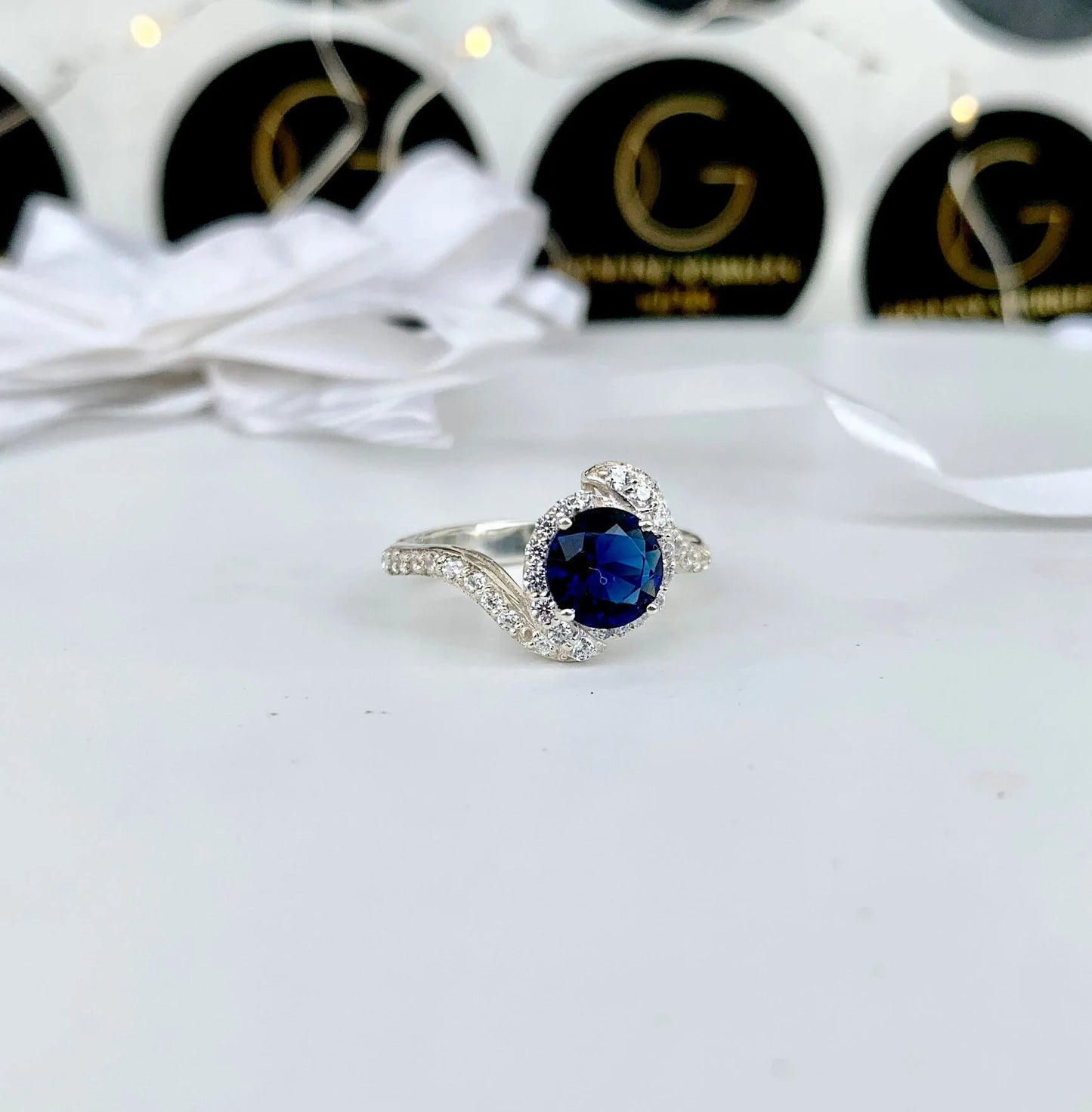 925 Pure Silver Natural Simulated Sapphire Engagement Ring