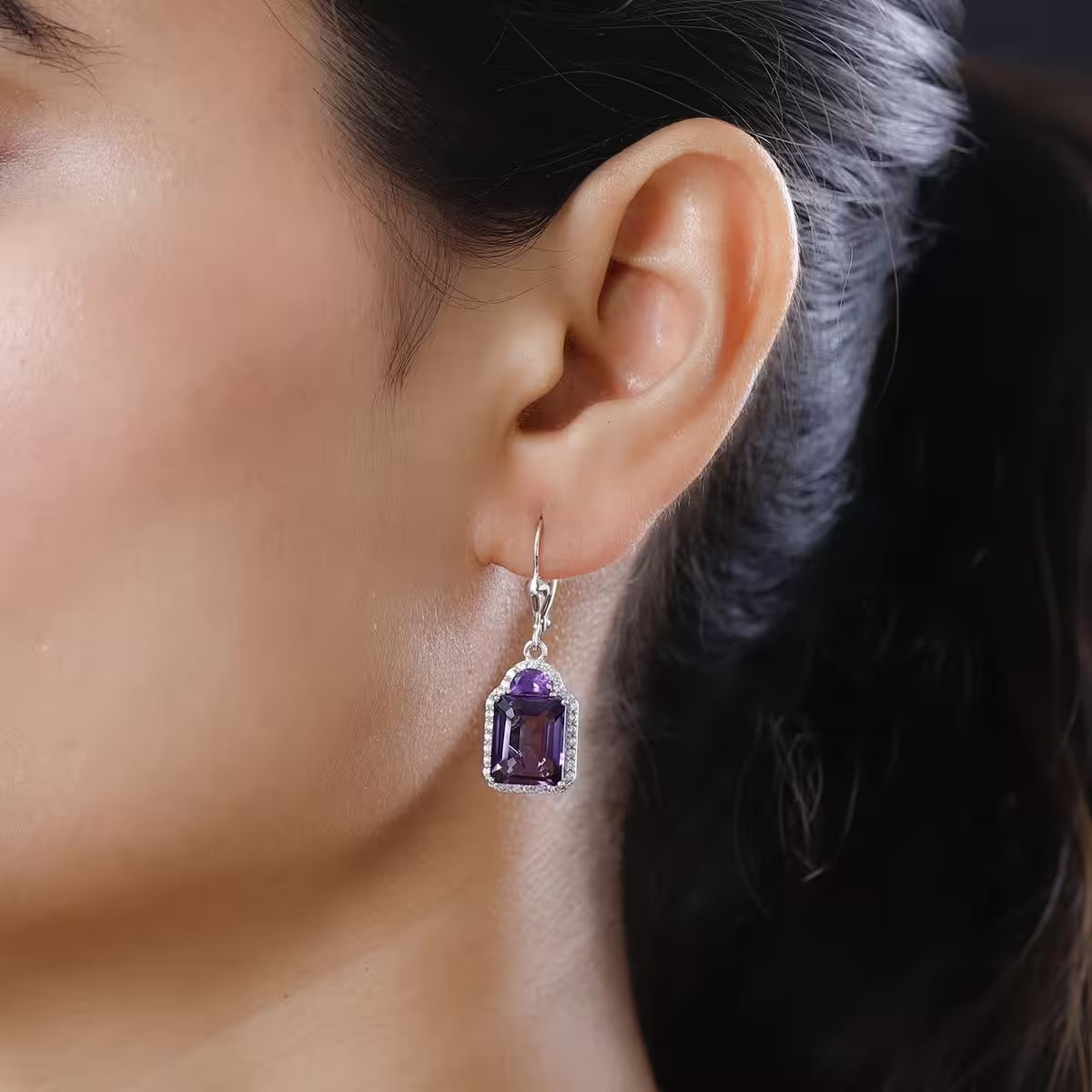 Natural Amethyst Lever Back Earring in 925 Pure Silver